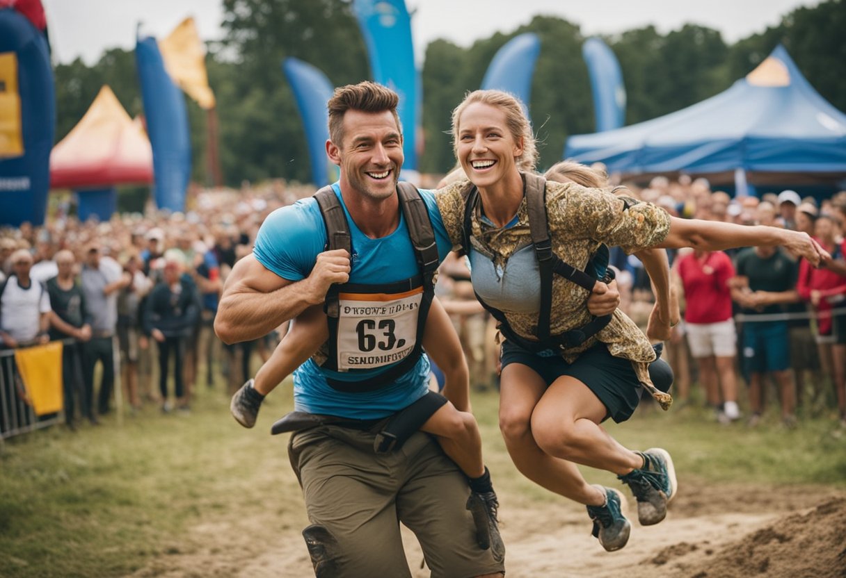 A man carries a woman on his back through an obstacle course.
Spectators cheer as participants compete in the Wife Carrying World
Championships, one of the 12 most unusual festivals celebrated around
the
world