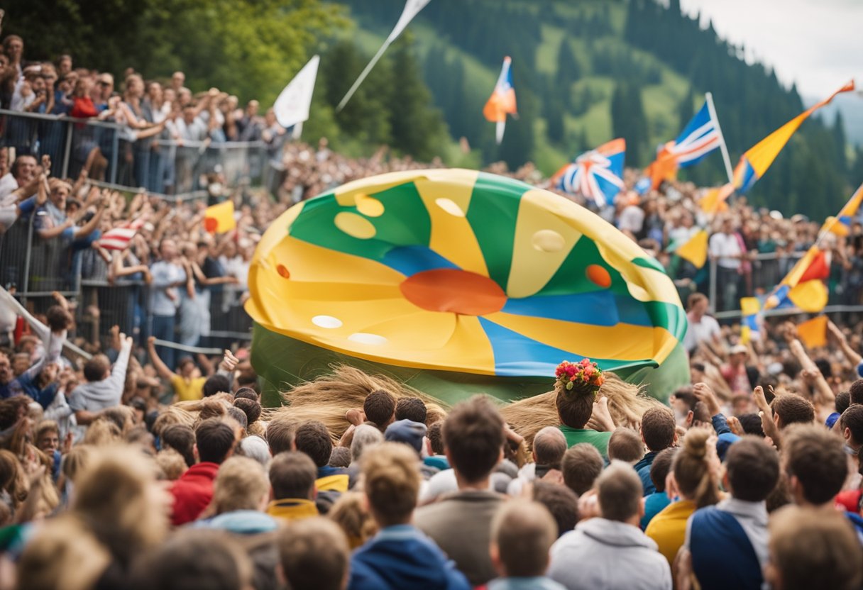 A wheel of cheese rolling down a steep hill, surrounded by a crowd of
cheering spectators, with colorful flags and banners fluttering in the
wind