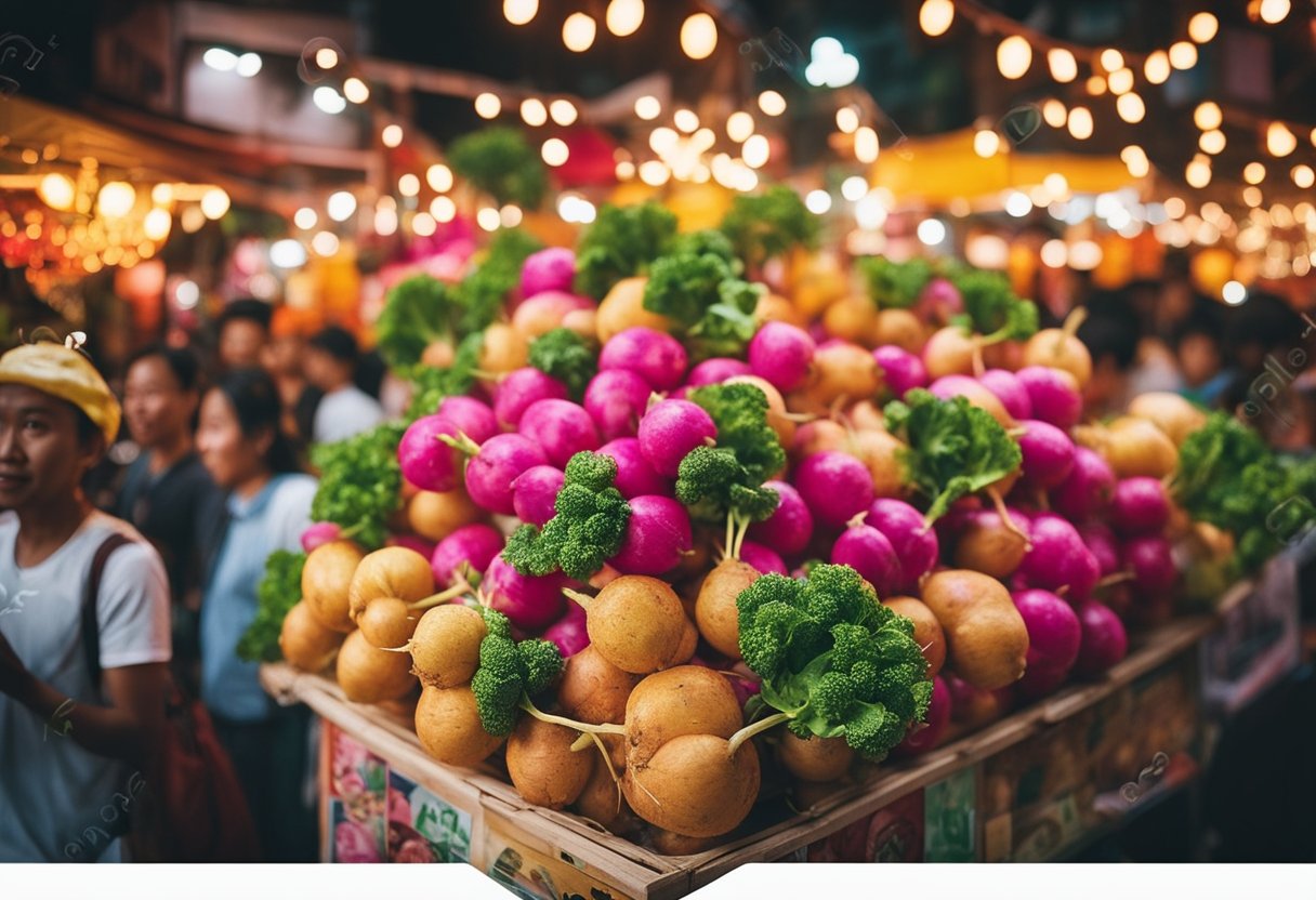 A bustling night market with elaborate radish sculptures, colorful
lights, and excited crowds. The air is filled with the scent of spicy
foods and the sound of music and
laughter