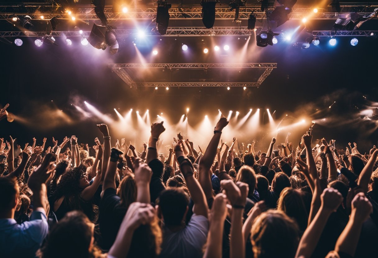 A crowd cheers as contestants perform air guitar on a stage. Banners
and flags from different countries line the
venue