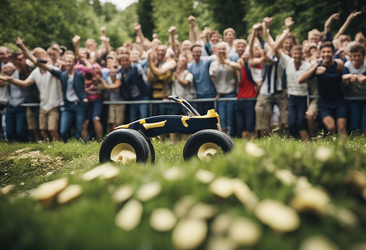 A wheel of cheese rolling down a steep hill with spectators cheering
and reaching out to grab
it