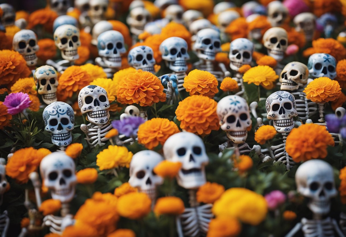 A vibrant parade of colorful skeletons and marigold flowers, with
altars adorned with sugar skulls and candles, celebrates Dia de los
Muertos