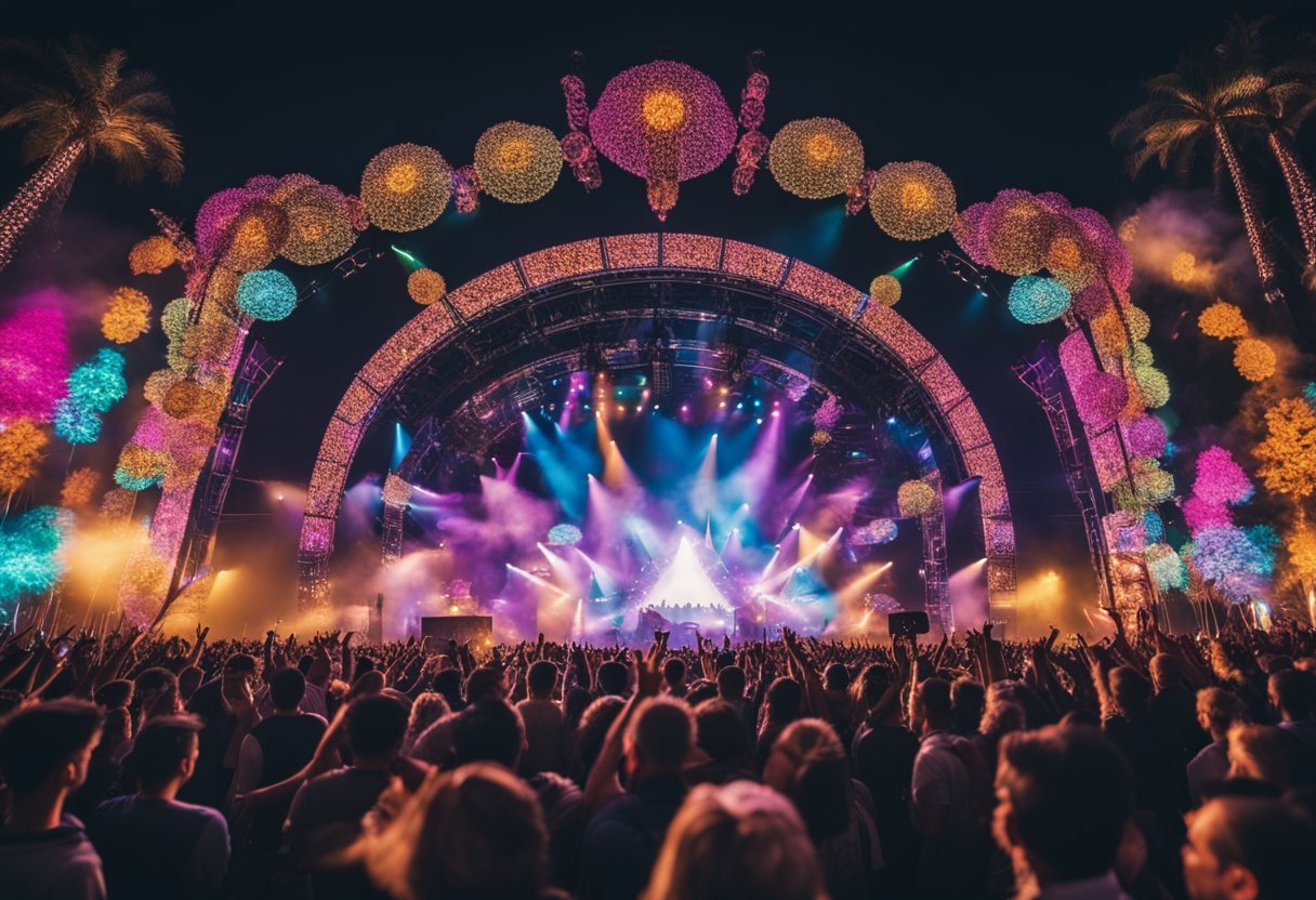 A large festival stage with colorful lights and a huge crowd of people
dancing and enjoying the music. Various unique decorations and art
installations add to the vibrant and lively
atmosphere