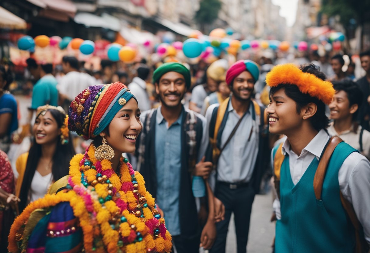 A bustling street filled with colorful decorations and lively music,
as people from different cultures come together to celebrate unique and
unusual festivals from around the
world