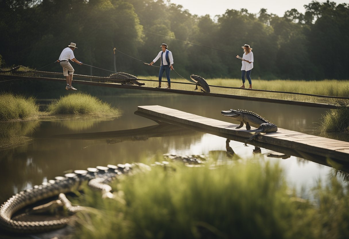 A man walking a tightrope over a pit of alligators, while another man
juggles chainsaws and a woman paints a portrait with her
feet