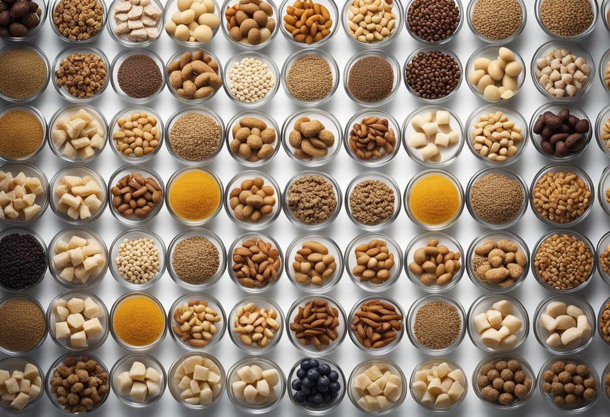 A variety of pet food samples arranged on a clean, white table for
tasting. Different shapes, colors, and textures are visible in the
dishes