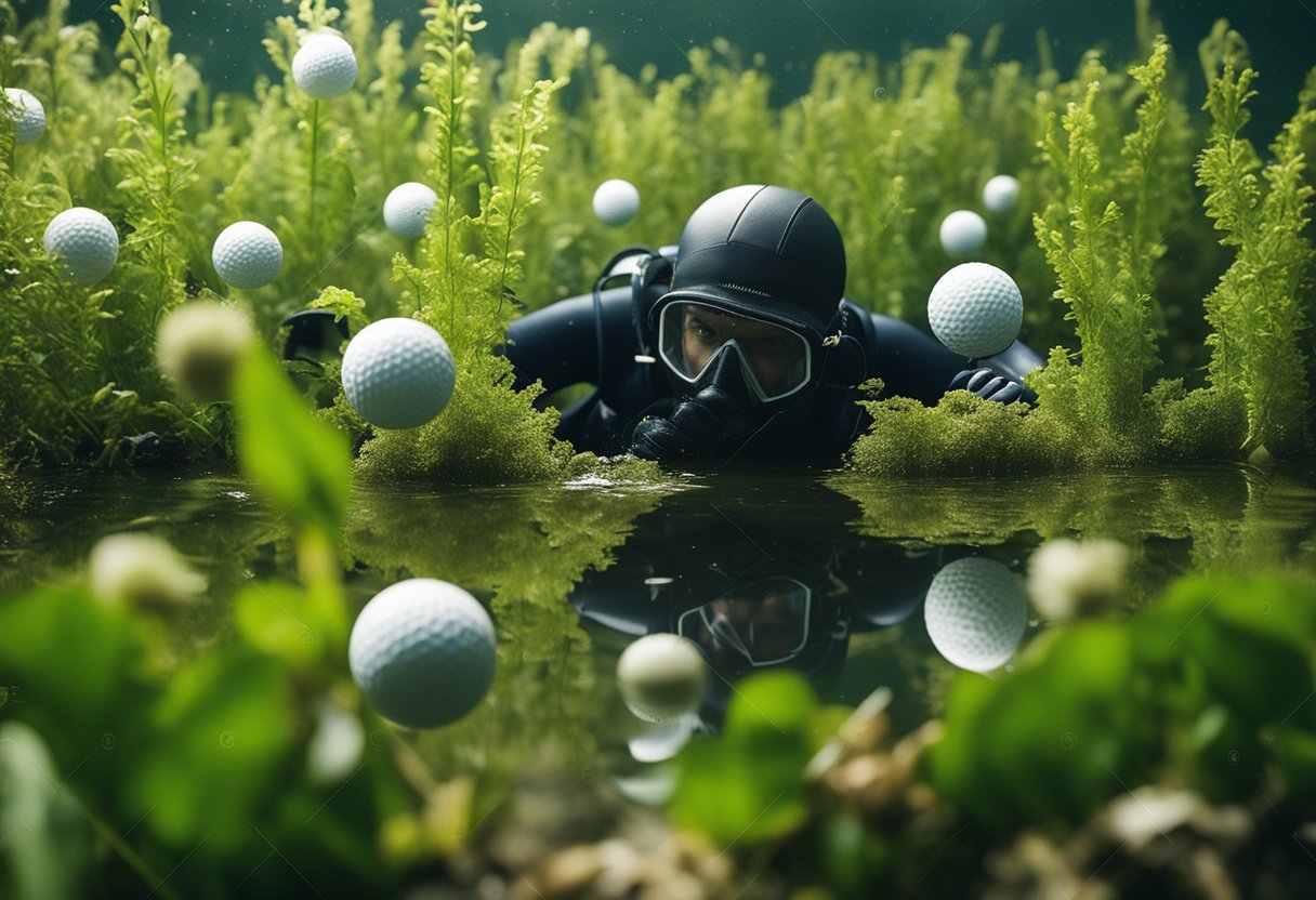 A diver retrieves golf balls from a murky water hazard, surrounded by
floating balls and aquatic
plants