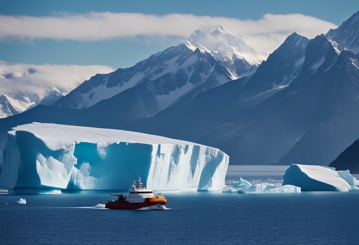 A massive iceberg being towed by a specialized vessel through icy
waters. Snow-capped mountains loom in the
background