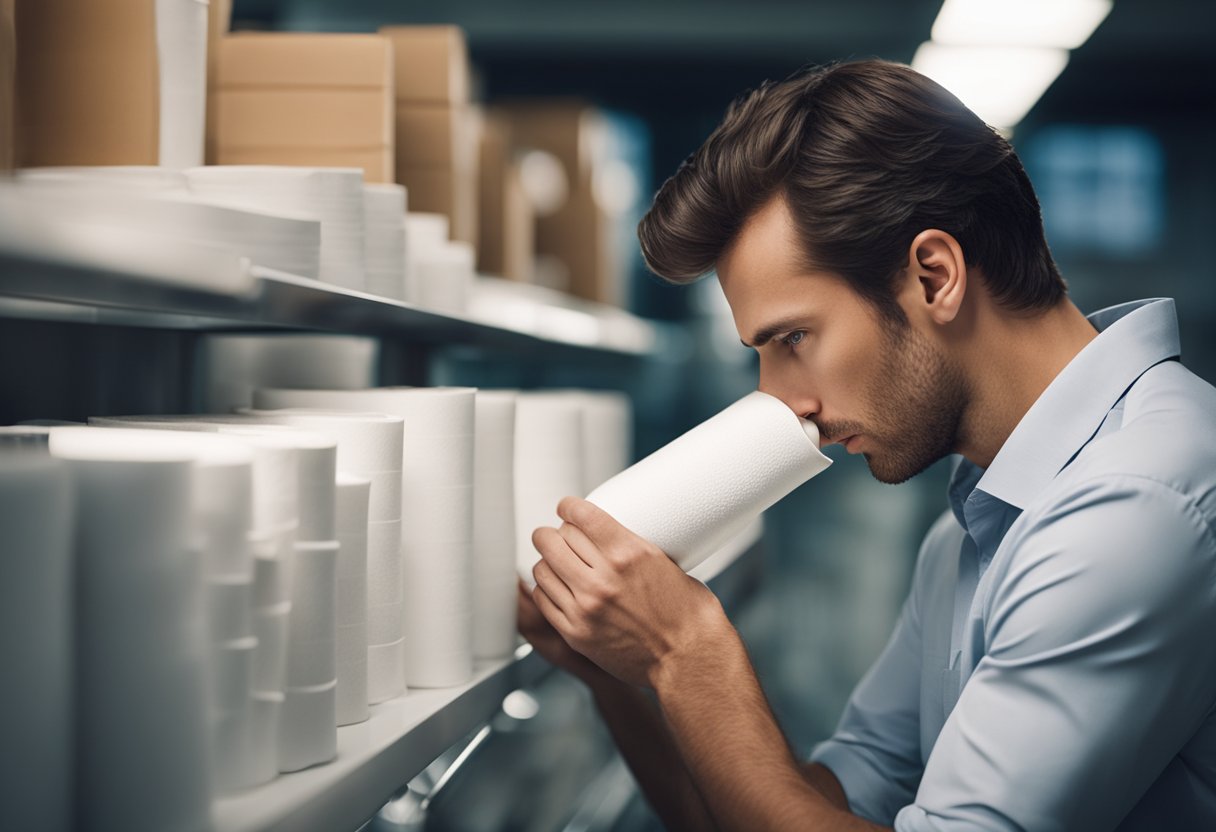 A figure leans over a roll of paper towels, taking a deep sniff with a
look of intense concentration on their
face