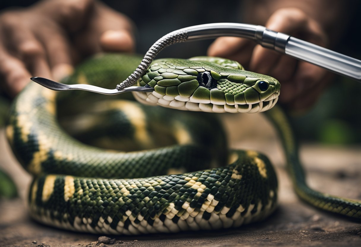 A snake milker carefully extracts venom from a coiled serpent, using
specialized tools and containers to collect the precious
liquid