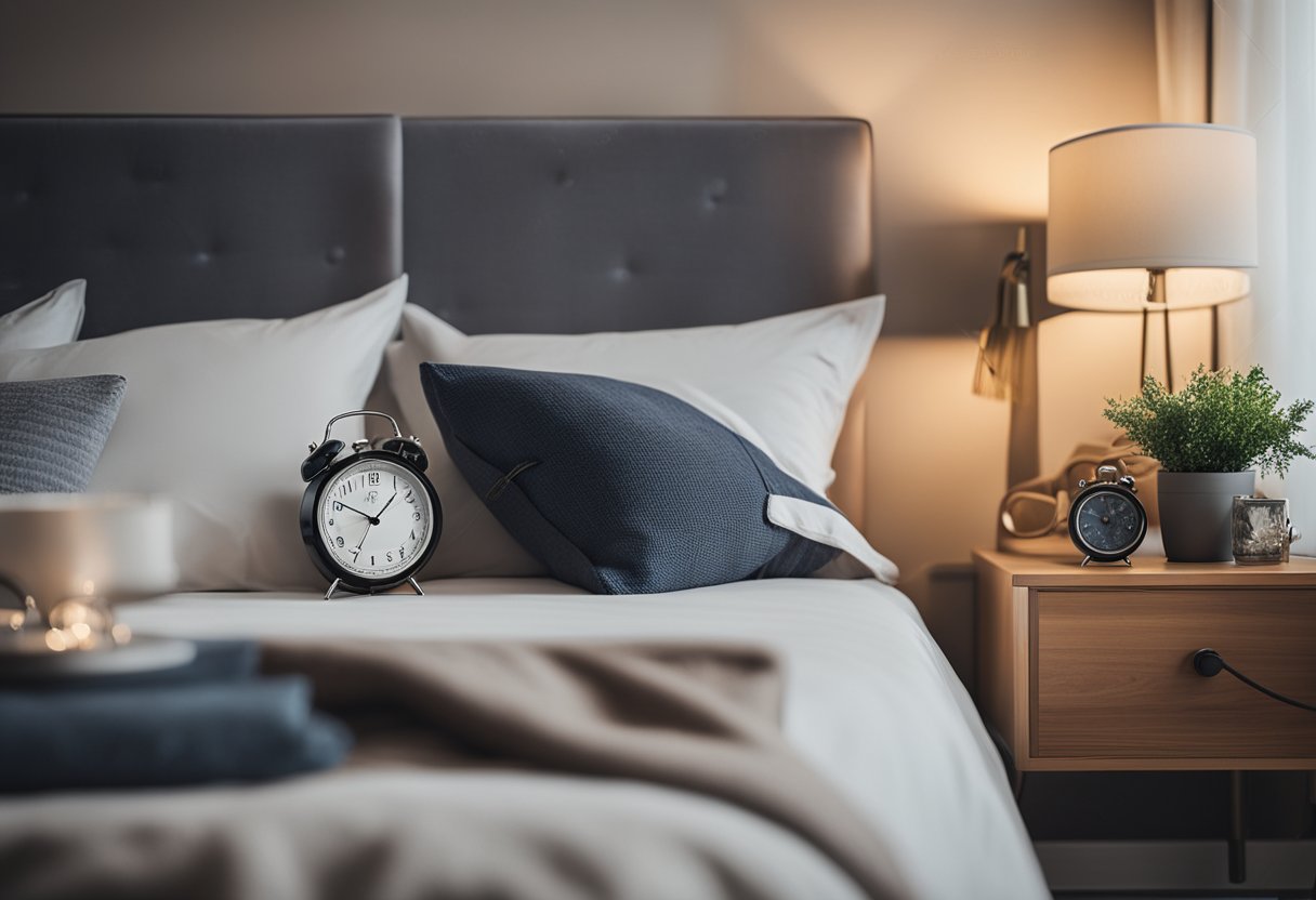 A cozy bedroom with a large, comfortable bed, soft pillows, and a
warm, inviting atmosphere. A clock on the wall shows the time, and a
sleep mask and earplugs are placed on the
nightstand