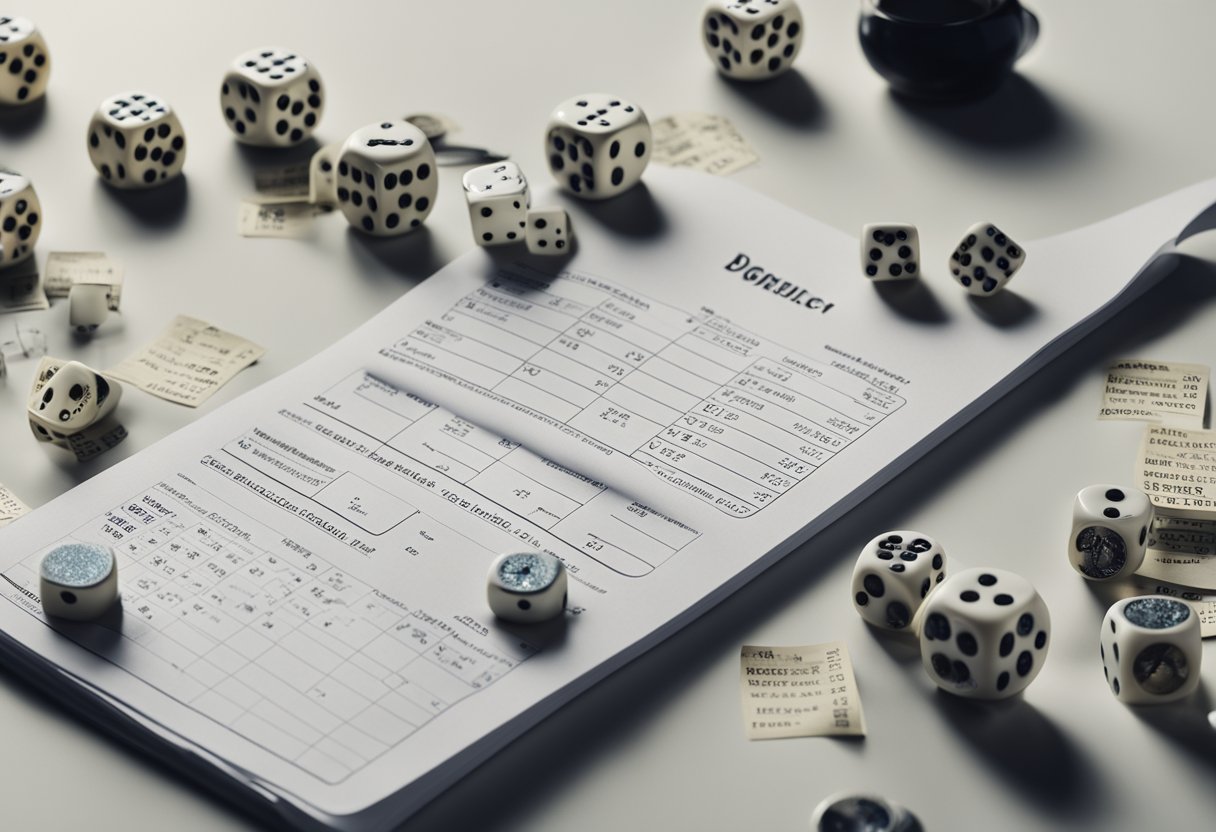 A desk cluttered with various dice, a magnifying glass, and a
checklist. A person in a lab coat examines each die closely, jotting
down
notes