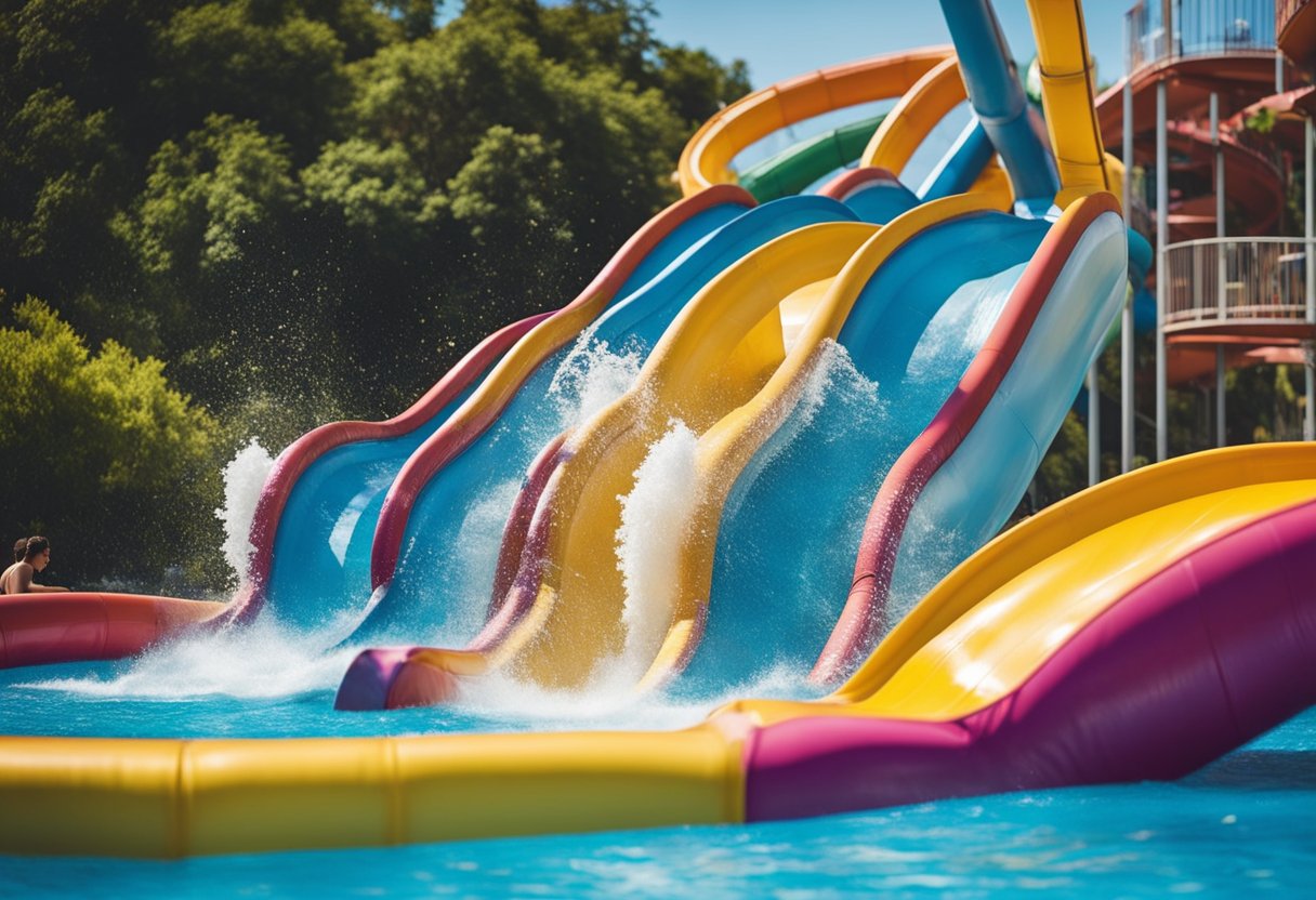 A person slides down a colorful water slide, testing its speed and
smoothness. The slide twists and turns, surrounded by a vibrant and
lively water
park