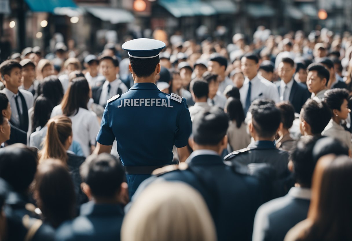 A figure in a uniform stands amidst a bustling crowd, directing and
managing the flow of people in a busy and chaotic
environment