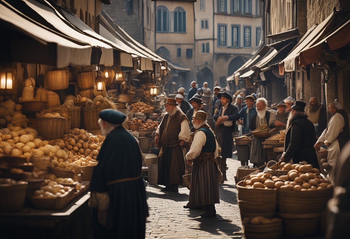 A bustling medieval marketplace, with a variety of unique tradespeople
showcasing their unusual professions, from a town crier to a rat
catcher