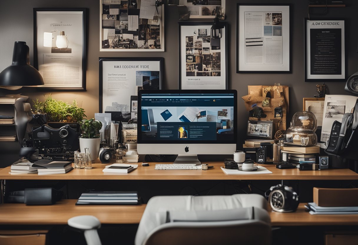 A cluttered office with a psychologist’s desk, a quirky job poster on
the wall, and a diverse collection of unusual job-related objects
scattered around the
room