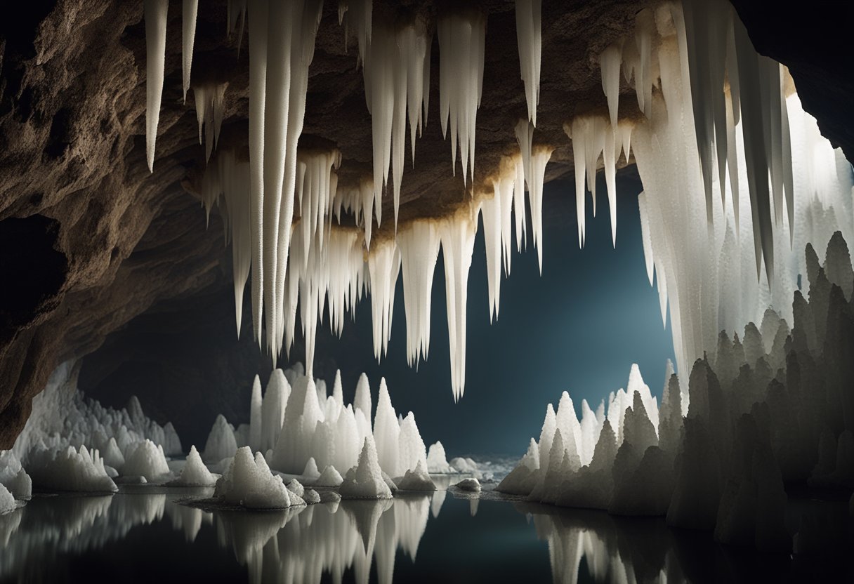 Glistening salt formations fill a dimly lit cave, casting eerie
shadows on the walls. Stalactites hang from the ceiling, creating a
surreal and otherworldly
atmosphere