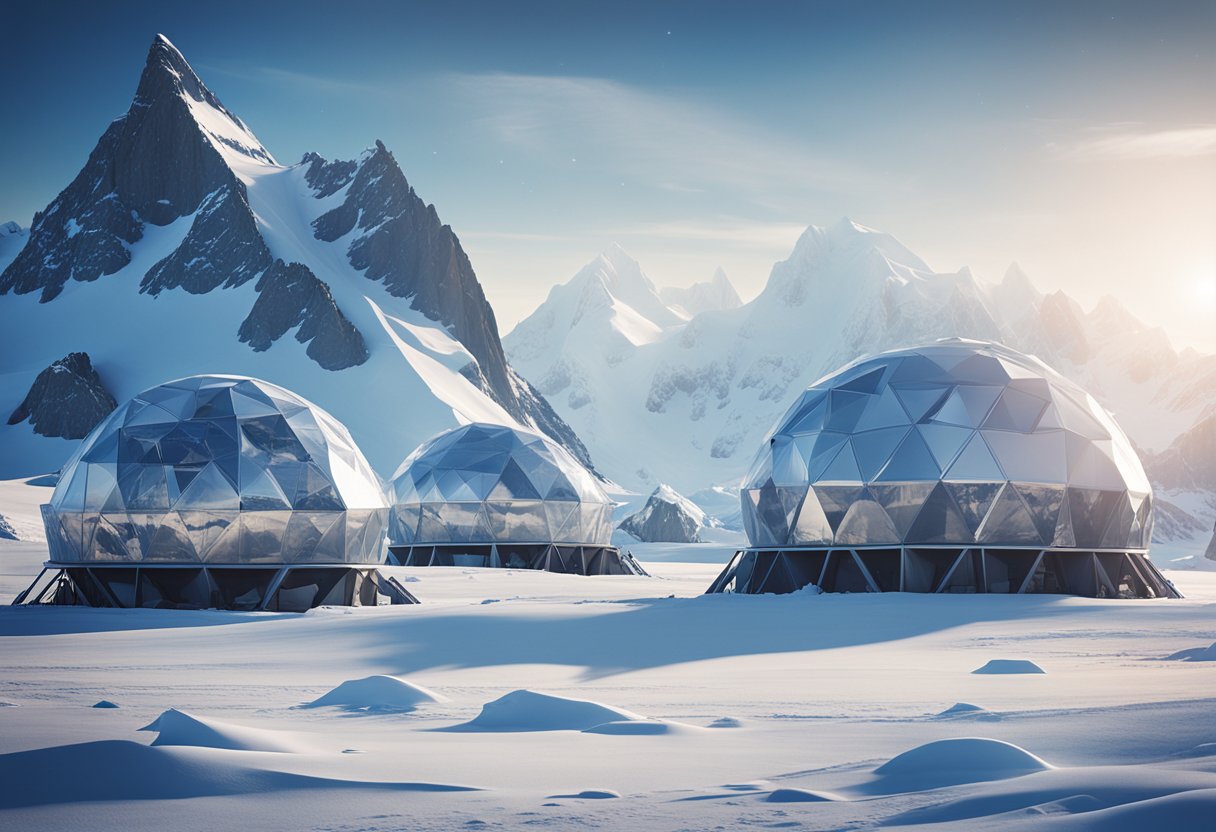 A cluster of futuristic research stations nestled amidst the vast, icy
landscape of Antarctica, surrounded by towering glaciers and
snow-covered
peaks