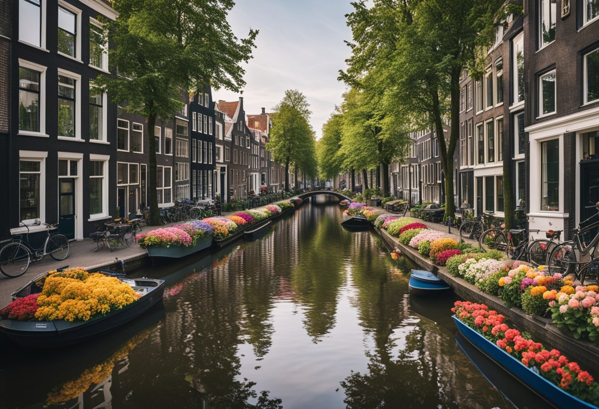 Colorful floating homes line the calm waters of Amsterdam’s canals,
each one uniquely designed and adorned with vibrant flowers and lush
greenery