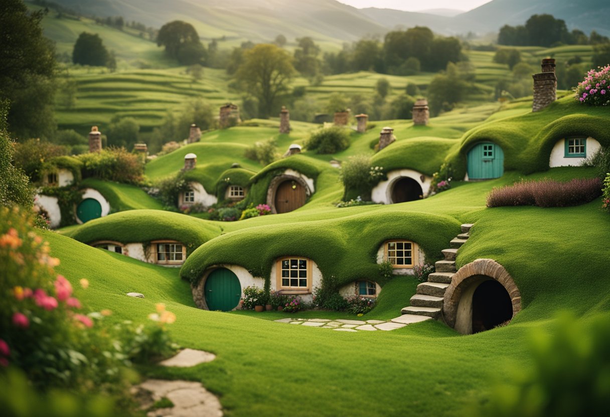 Rolling green hills dotted with cozy, round Hobbit Holes nestled into
the earth. Smoke curls from the chimneys, and colorful gardens surround
the whimsical
homes