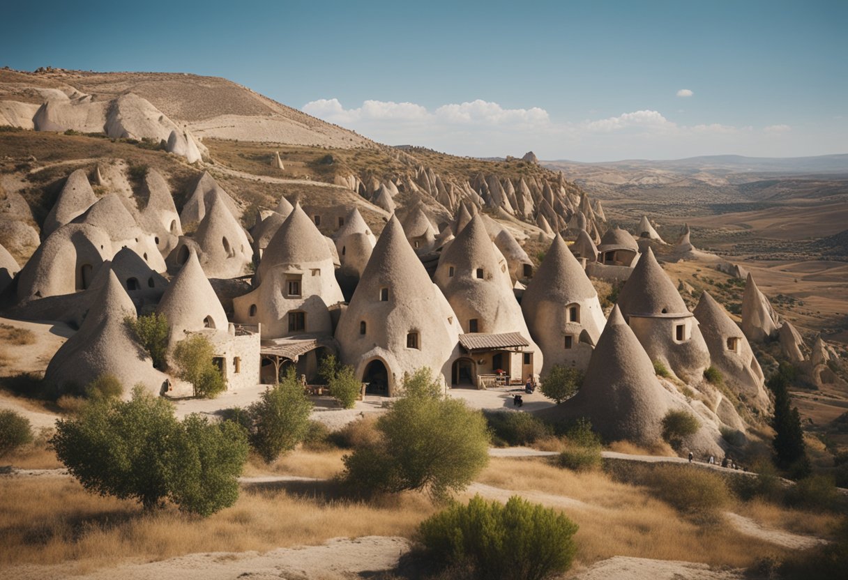 Cave houses dot the rocky landscape of Cappadocia, Turkey. Unique
dwellings carved into the soft volcanic rock, creating a surreal and
otherworldly
scene