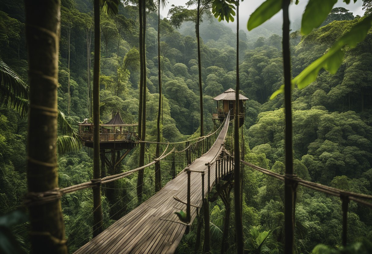 Lush rainforest, elevated treehouses connected by rope bridges,
nestled in the canopy of Costa Rica. Unique and unconventional dwellings
surrounded by vibrant
greenery