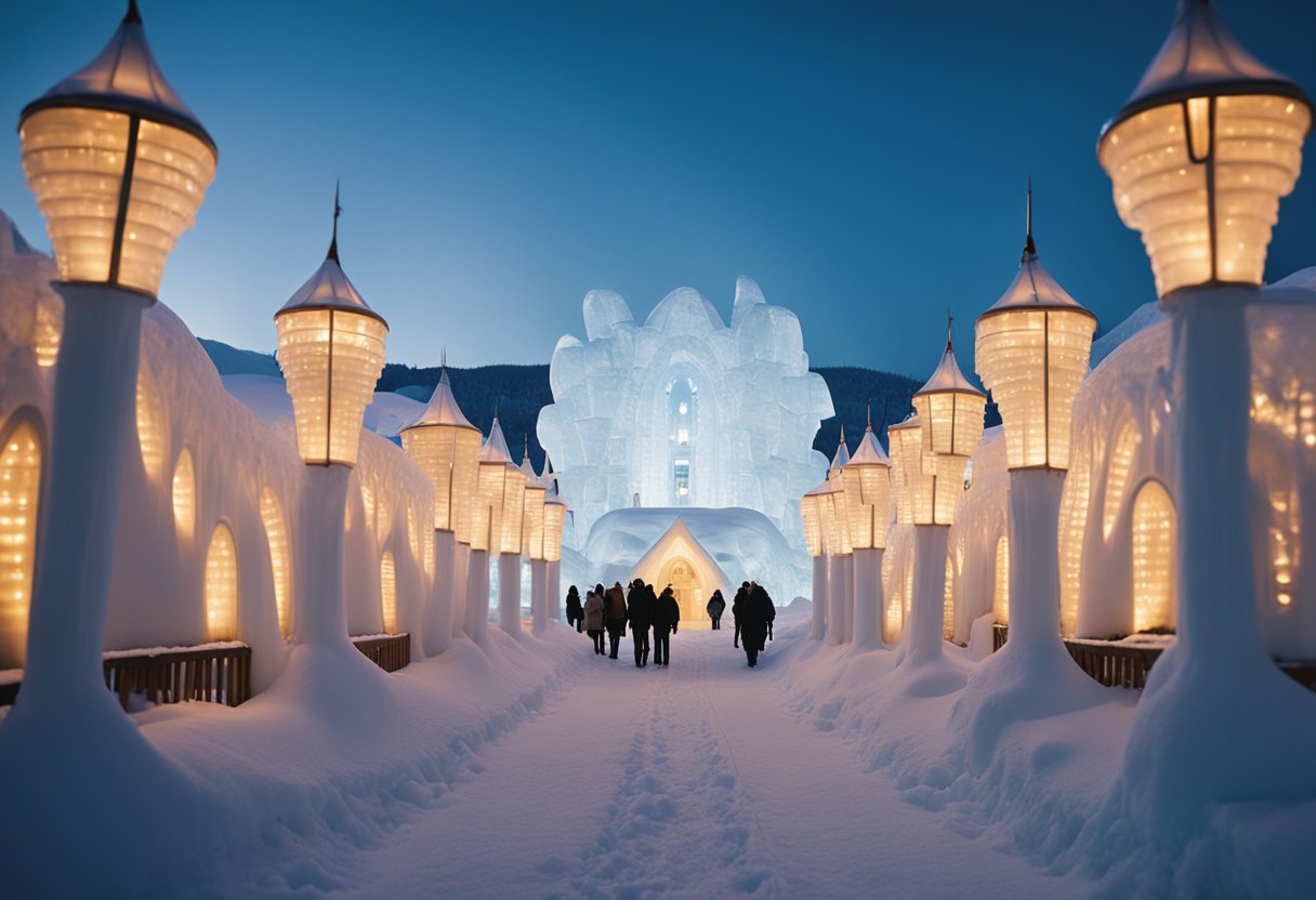 A snow-covered landscape with a grand ice hotel, intricate ice
sculptures, and colorful lights illuminating the frozen
structures