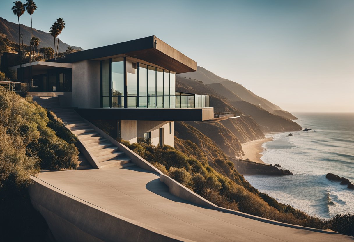 A modern house on a cliff in Malibu, with a skateboard ramp leading
down to the beach. Palm trees and ocean waves in the
background