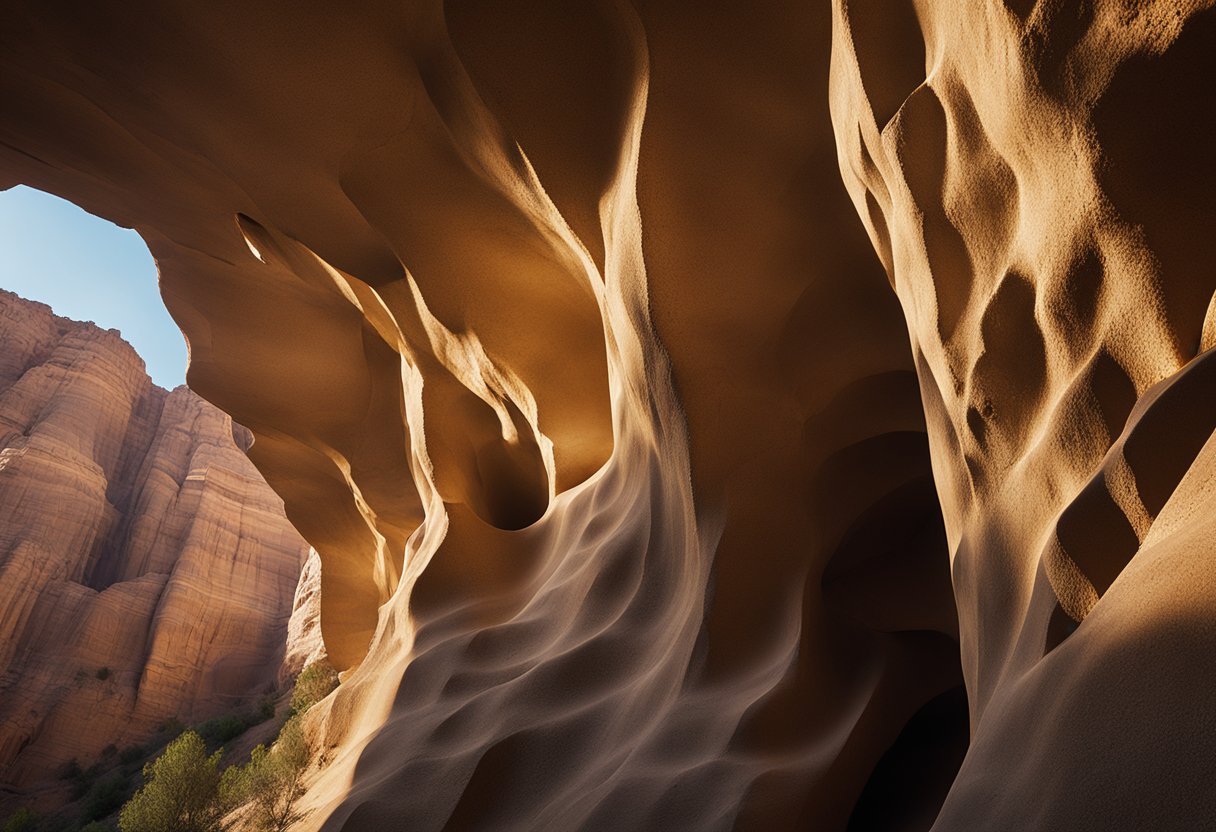 Sunlight filters through the jagged sandstone caves, casting intricate
patterns on the ancient walls. The rugged terrain and unique formations
create a sense of mystery and
wonder