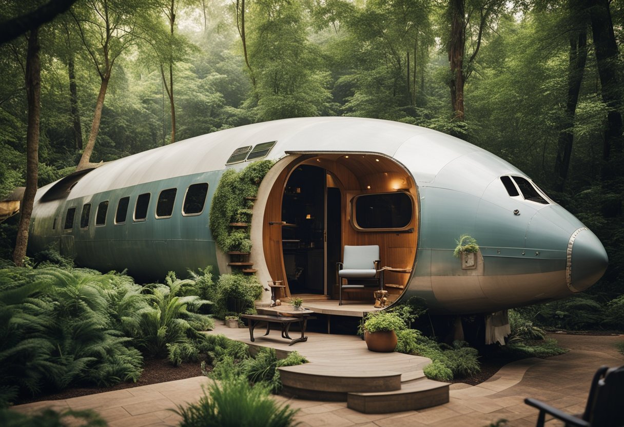 A Boeing 727 fuselage repurposed as a home, nestled among trees and
surrounded by nature, with a makeshift patio and unique architectural
features