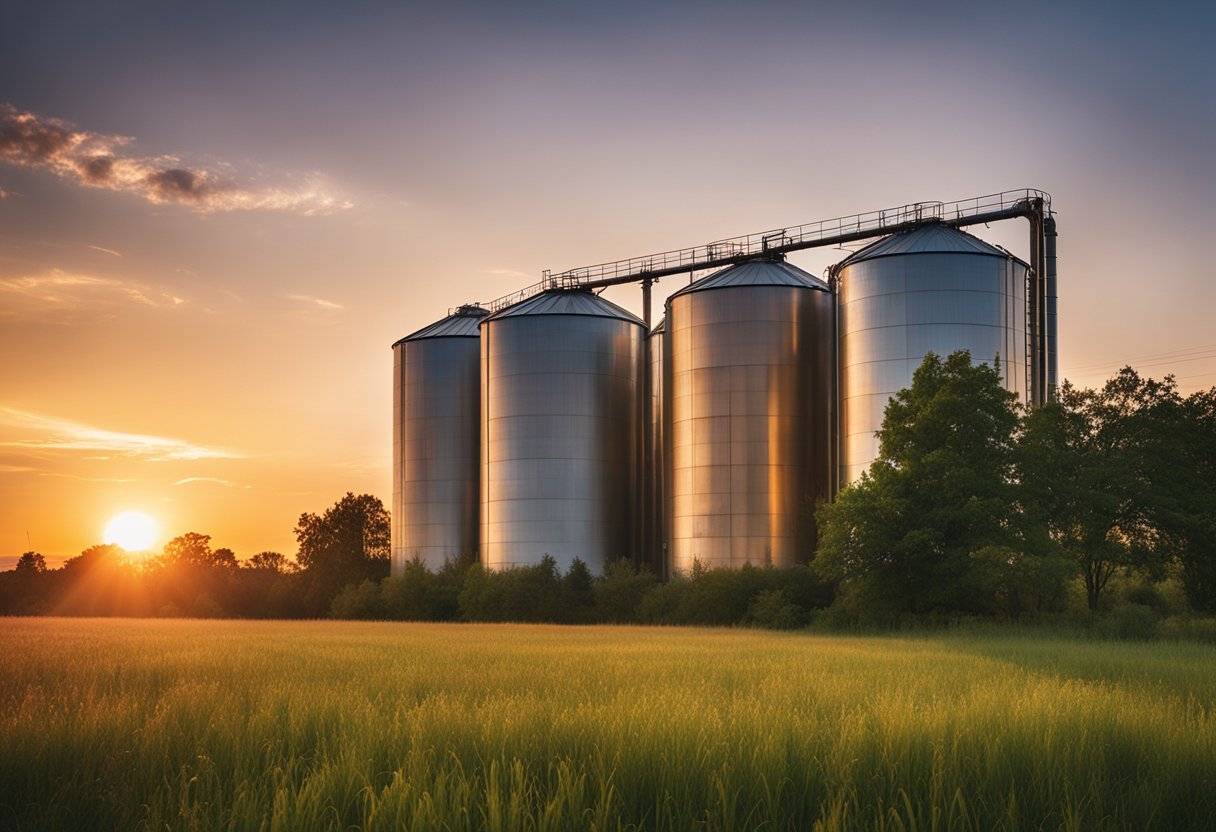 A group of converted grain silos stand tall against a colorful sunset,
surrounded by lush greenery and a peaceful countryside
landscape