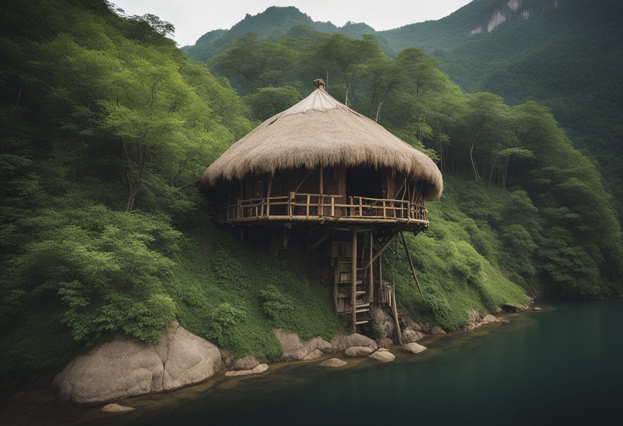 A cave dwelling with primitive tools, a treehouse high in the jungle
canopy, a house built on stilts over water, a igloo in the Arctic, a
yurt in the Mongolian steppe, a house carved into a cliff,
a