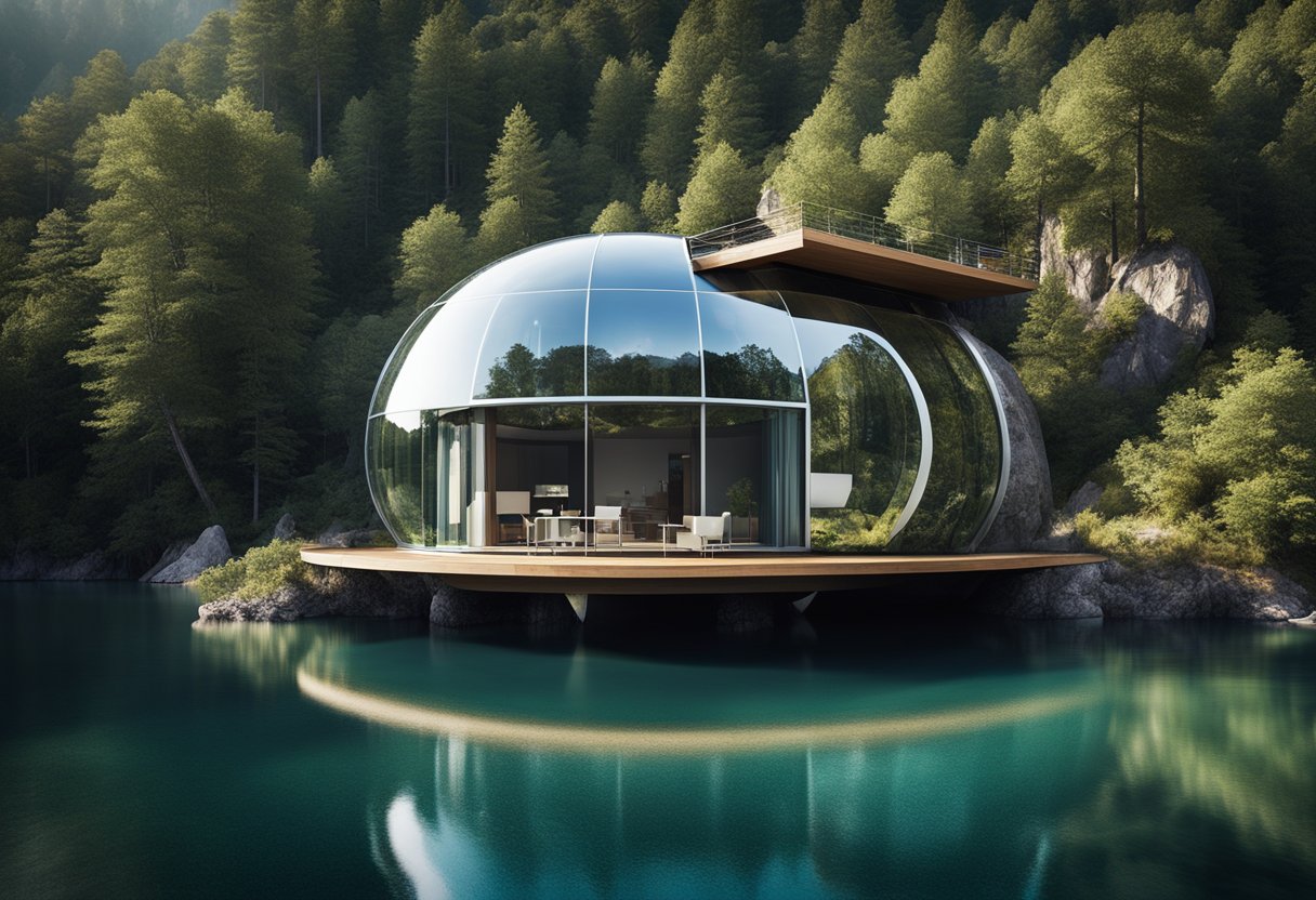 A floating house on a secluded lake, a treehouse nestled in the
forest, a converted airplane, a house built into a cave, a transparent
glass house in the mountains, a futuristic pod home suspended in the
air