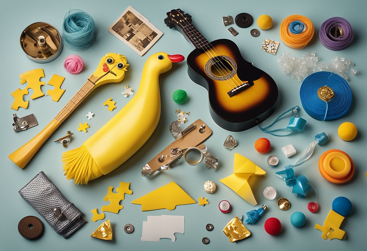 A jumble of items: a rubber chicken, a vintage yo-yo, a sparkly tiara,
a broken ukulele, a mismatched pair of socks, a dusty magic wand, a
half-finished puzzle, a worn-out
top