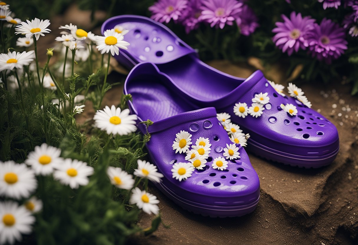 A pair of purple Crocs adorned with daisies sits among a collection of
quirky lost and found
items