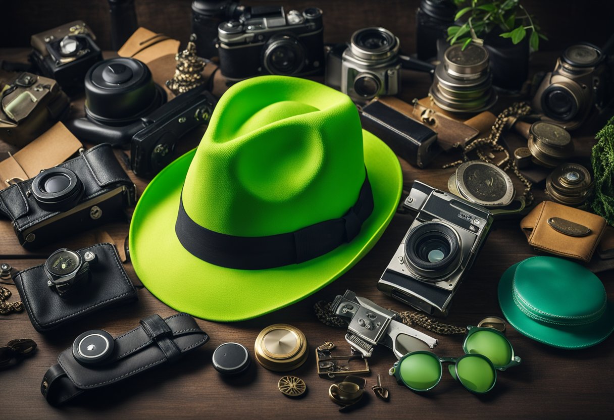 A neon green fedora sits atop a pile of quirky lost and found items.
The hat stands out against the assortment of odd
objects