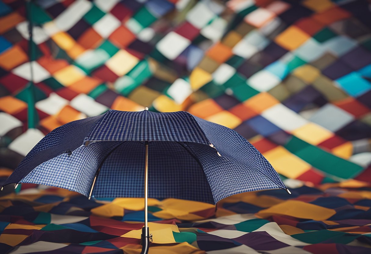 A plaid umbrella sits atop a pile of quirky lost and found items. Its
vibrant pattern stands out against the eclectic mix of
objects