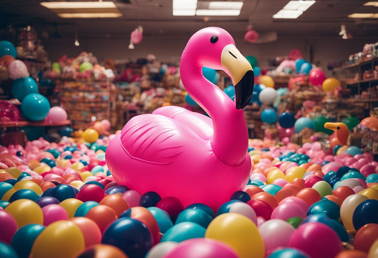 A bright pink inflatable flamingo floats in a sea of miscellaneous
items in a lost and found department, surrounded by sunglasses,
umbrellas, and other quirky
objects