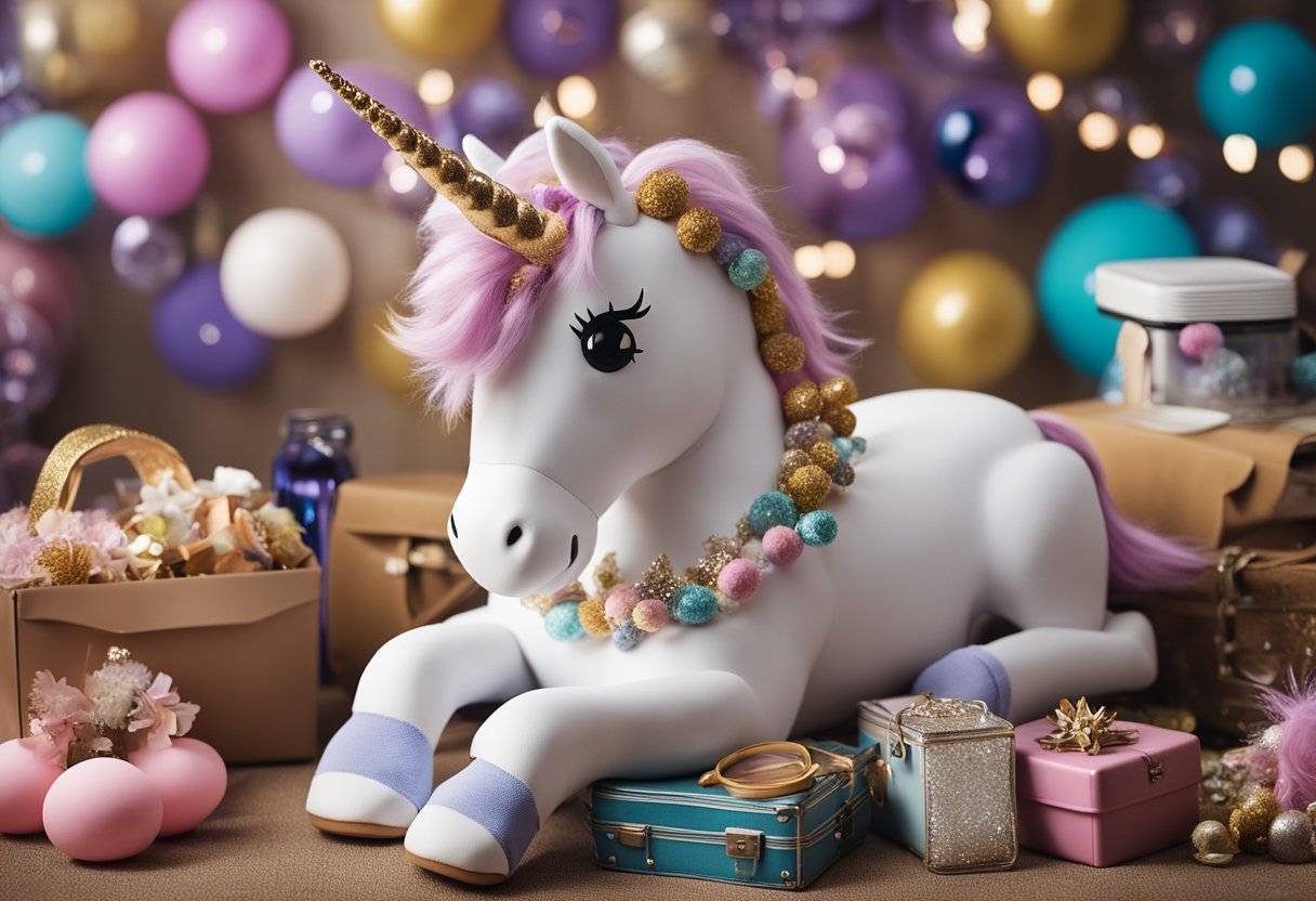 A giant stuffed unicorn sits atop a pile of quirky lost items,
surrounded by mismatched socks, a vintage lunchbox, and a glittery
tiara