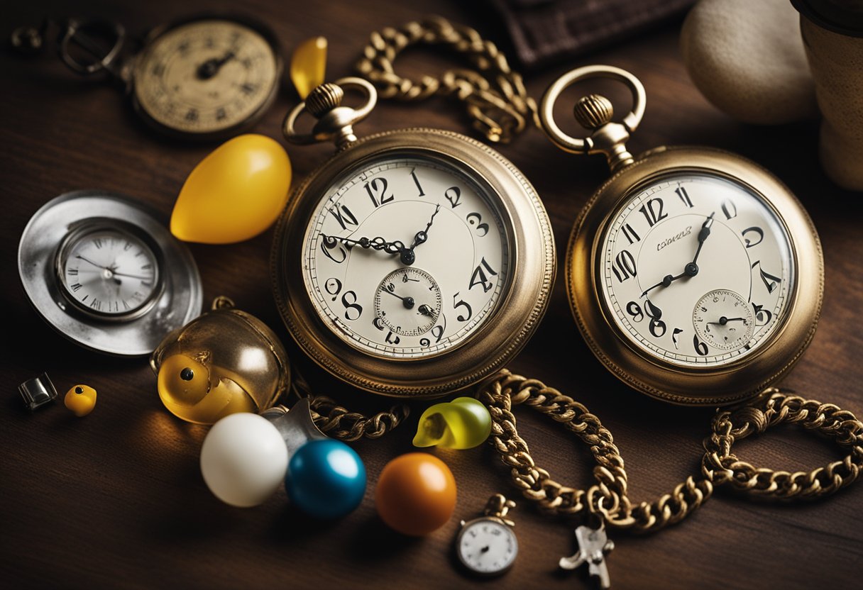 A vintage pocket watch surrounded by quirky lost and found items,
including a rubber chicken, a lava lamp, and a pair of mismatched
socks