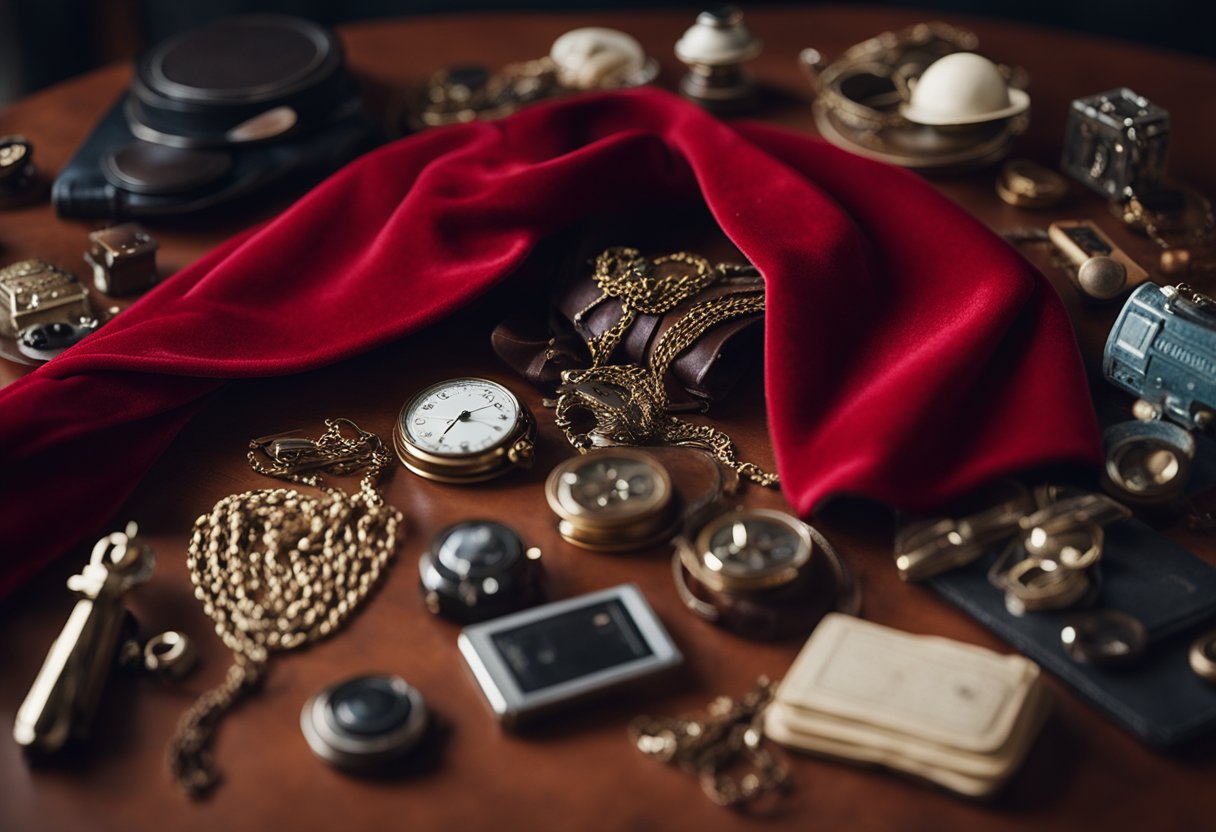 A red velvet cape draped over a cluttered table of quirky lost and
found
items