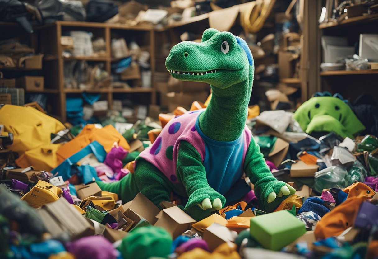 A colorful dinosaur onesie lying among a jumble of quirky lost items
in a cluttered lost and found
department