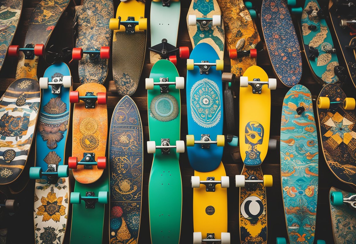 A colorful skateboard with unique designs, including bold patterns and
quirky characters, stands out among a collection of miscellaneous lost
and found
items