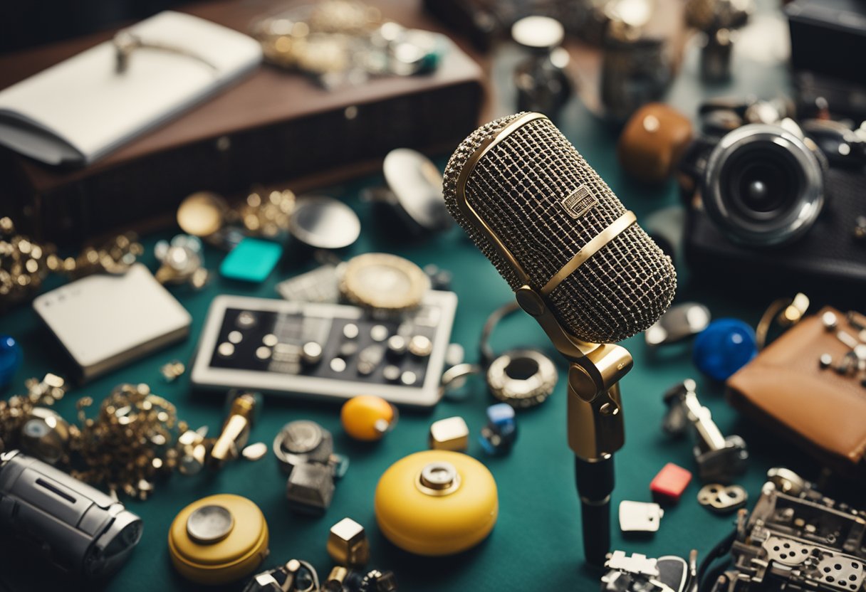 A bedazzled microphone sits atop a cluttered desk, surrounded by
various quirky items from a lost and found
department