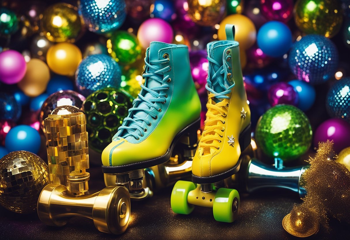 Sparkling roller skates sit among a jumble of quirky lost items,
including a rubber chicken, disco ball, and lava
lamp