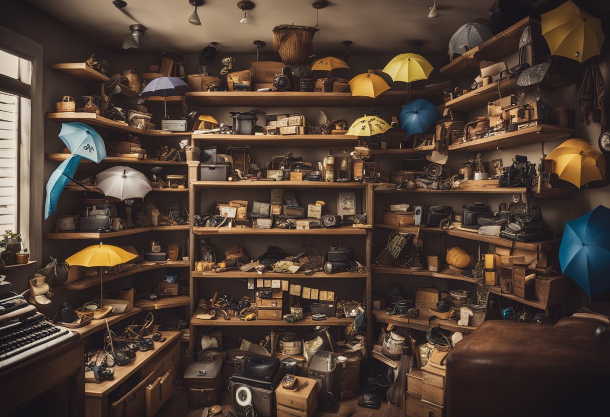 A cluttered room with shelves filled with a variety of quirky items
such as umbrellas, sunglasses, toys, and keys. A sign reading “Lost and
Found Department” hangs on the
wall