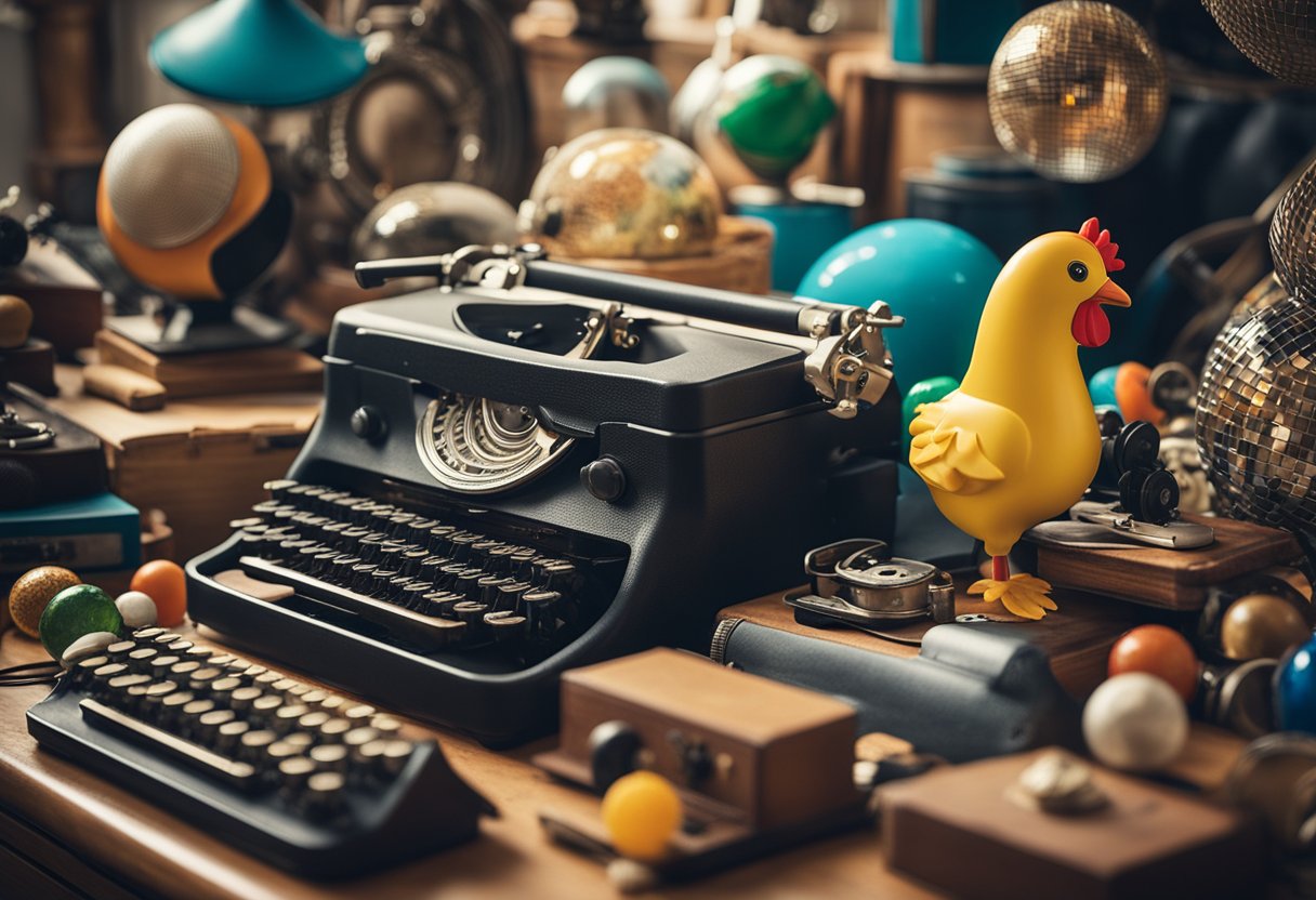 A cluttered lost and found department displays a mix of oddities: a
rubber chicken, a vintage typewriter, a disco ball, a unicycle, a
sombrero, a lava lamp, a pet rock, a pair of roller
skates,