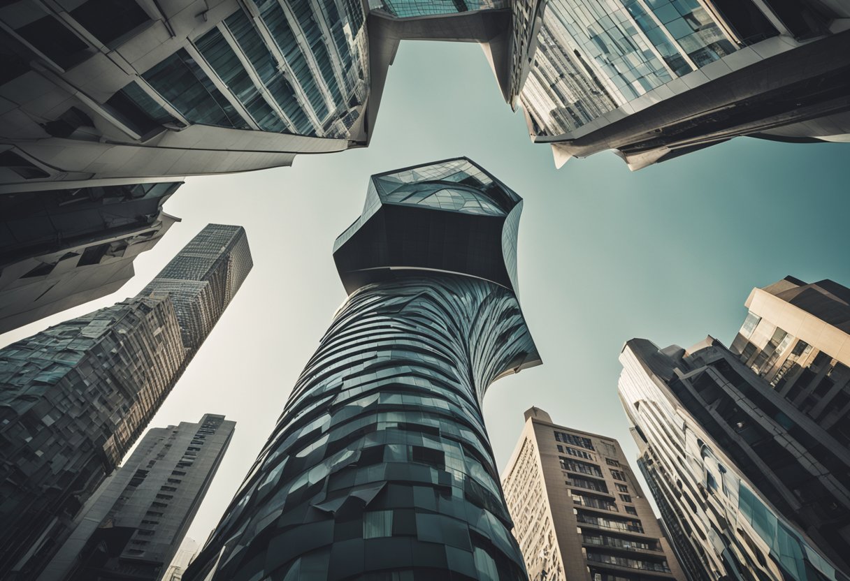 A twisted, upside-down house with a slanted roof and crooked windows
stands out among traditional buildings. Nearby, a towering skyscraper
resembles a giant coin leaning against another
building