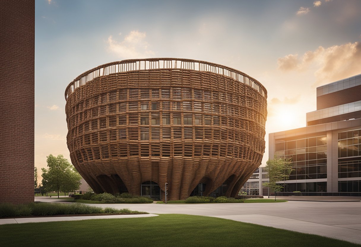 The Basket Building, Ohio, USA. A seven-story office building shaped
like a giant picnic basket, complete with handles and woven
texture