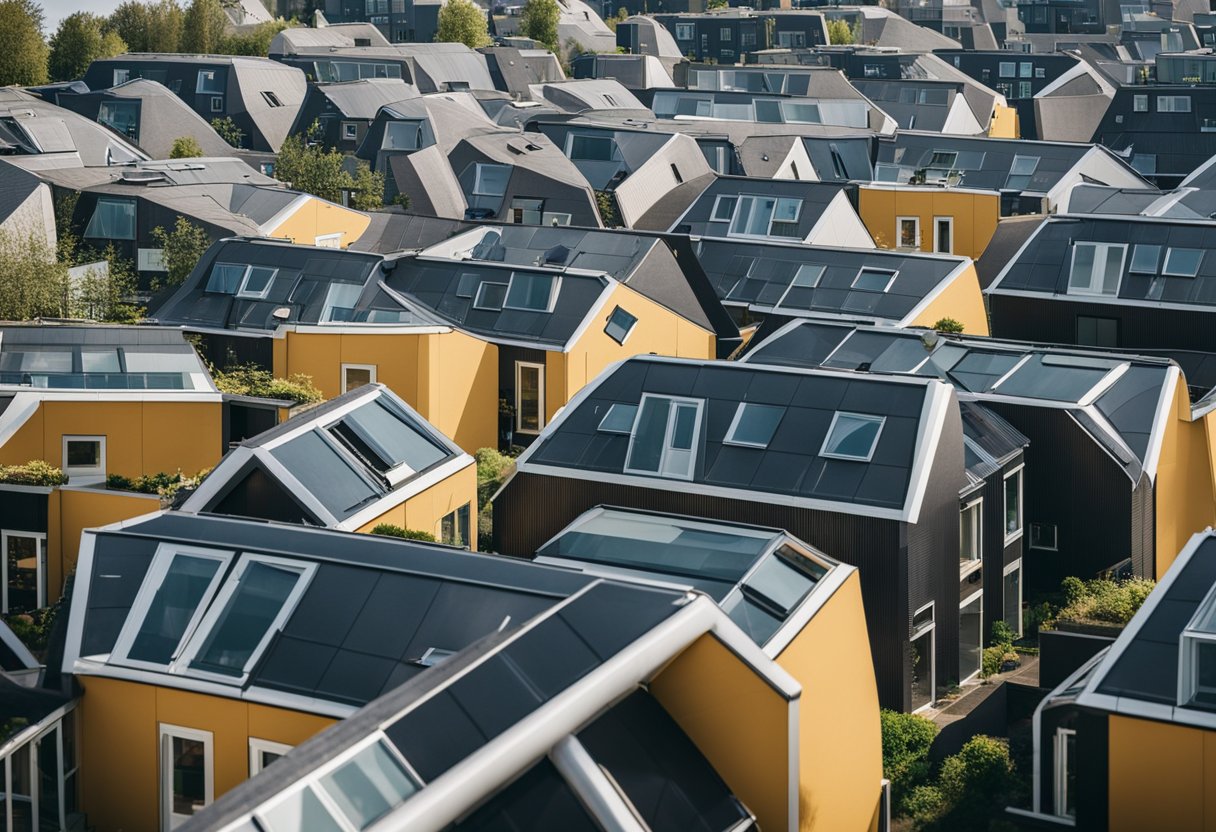 A cluster of tilted cube houses in the Netherlands, surrounded by
modern architecture and vibrant city
life